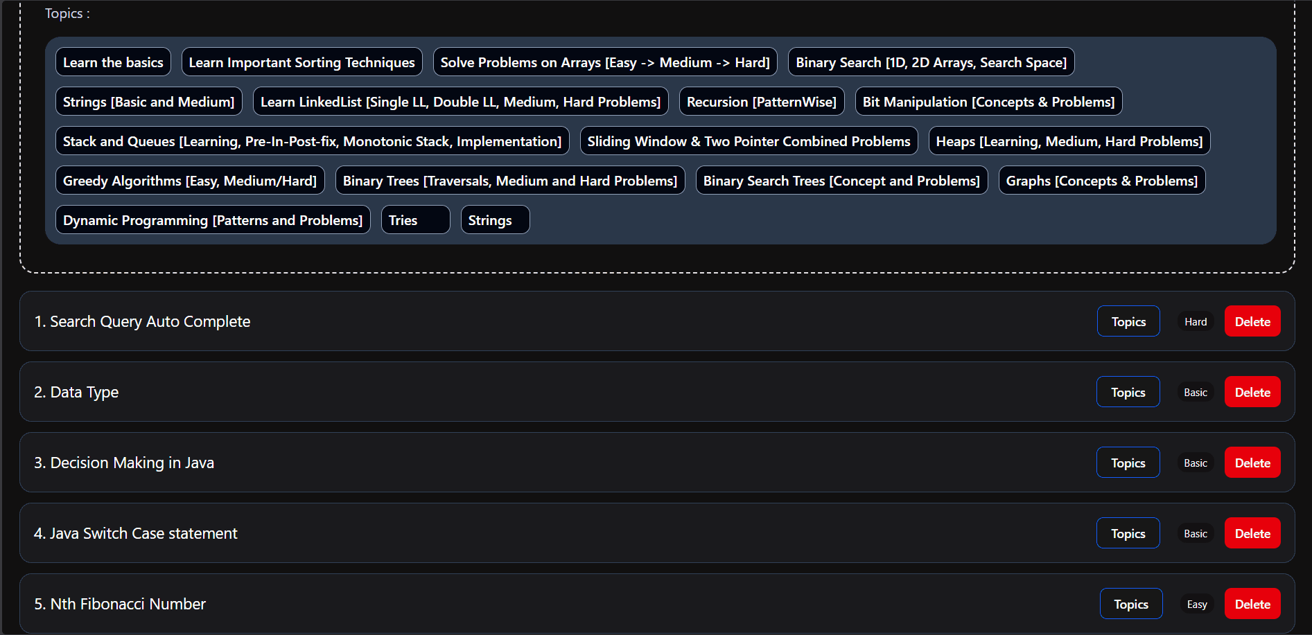Topics and subtopics drag interface